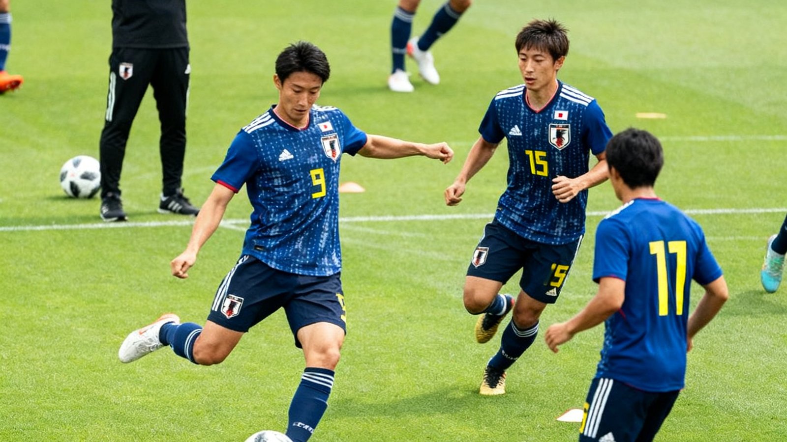 世界杯预选赛日本队训练备战，球员正在进行战术演练